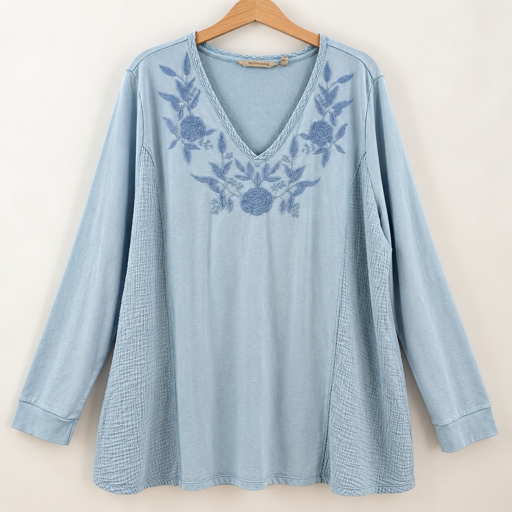 Soft Surroundings Cottagecore Embroidered Tunic Womens 3X Blue Boho Floral Top